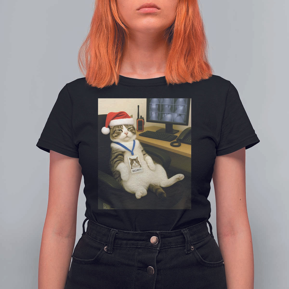 Funny Cat Christmas T Shirt For Women Night Time Security Guard - Wonder Print Shop