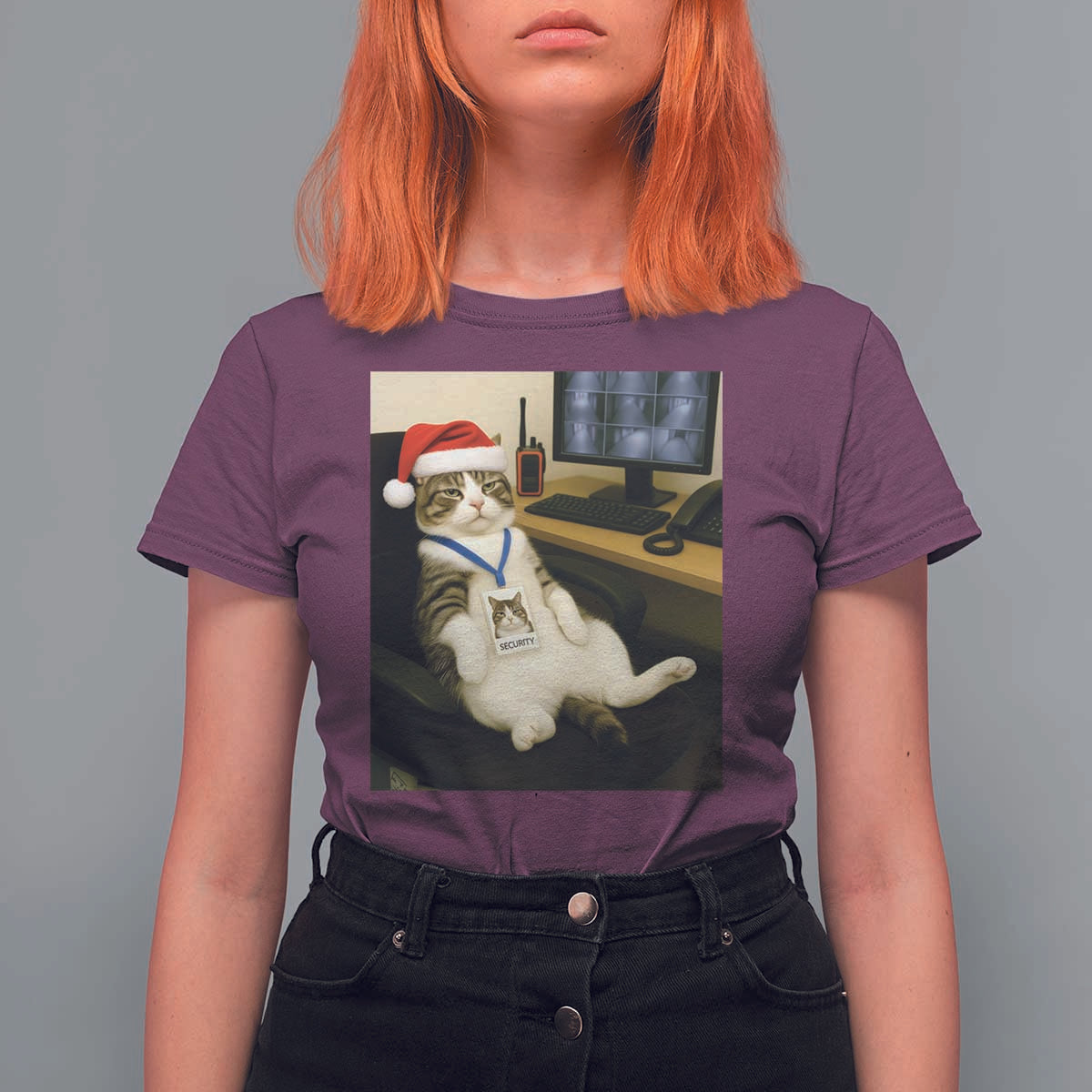 Funny Cat Christmas T Shirt For Women Night Time Security Guard - Wonder Print Shop