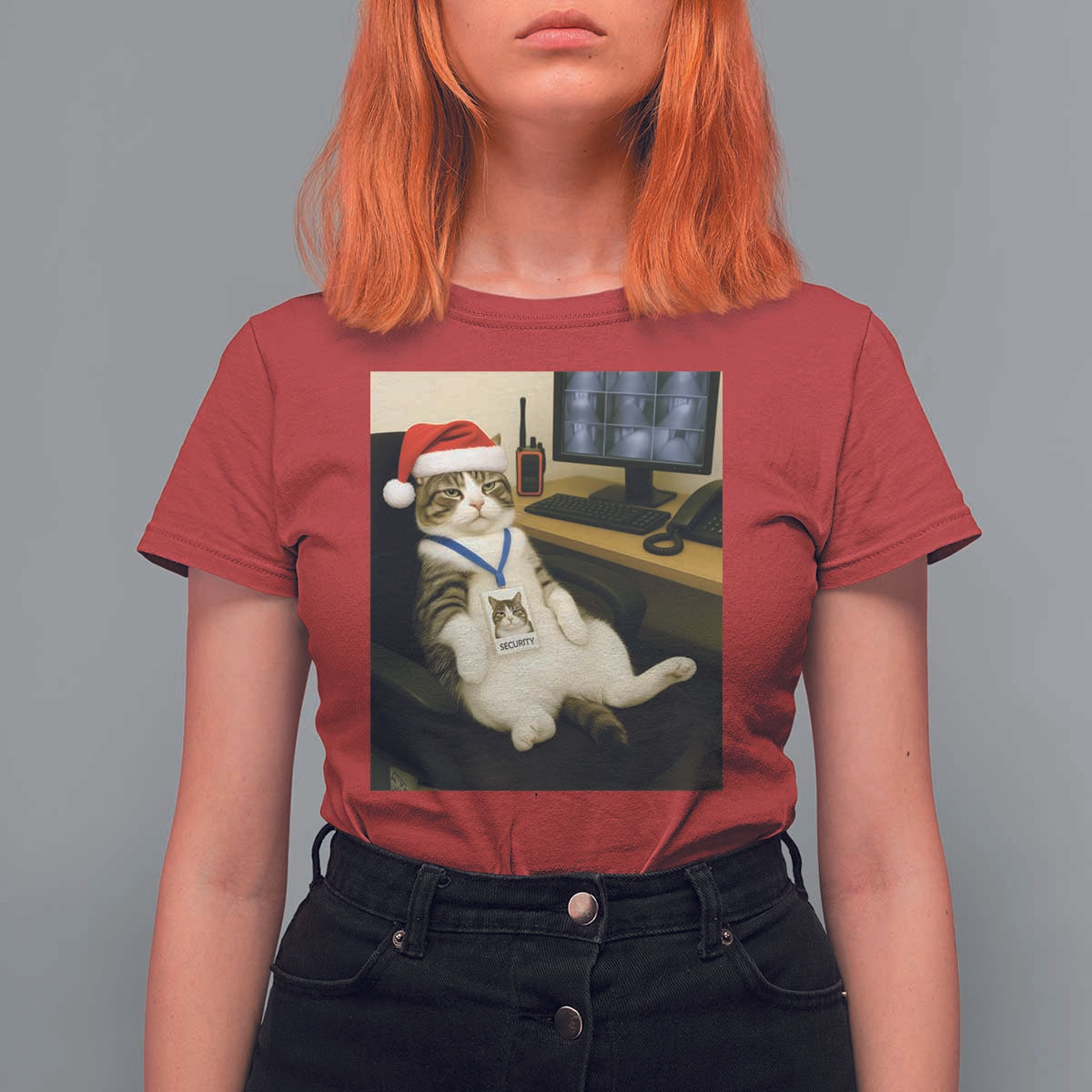 Funny Cat Christmas T Shirt For Women Night Time Security Guard - Wonder Print Shop