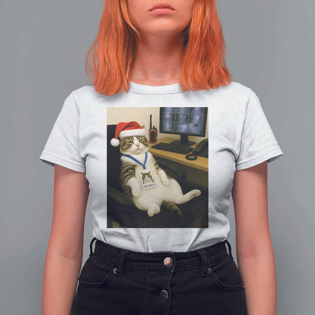 Funny Cat Christmas T Shirt For Women Night Time Security Guard - Wonder Print Shop