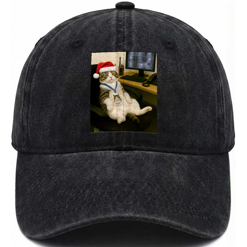 Funny Cat Christmas Washed Cotton Baseball Cap Night Time Security Guard