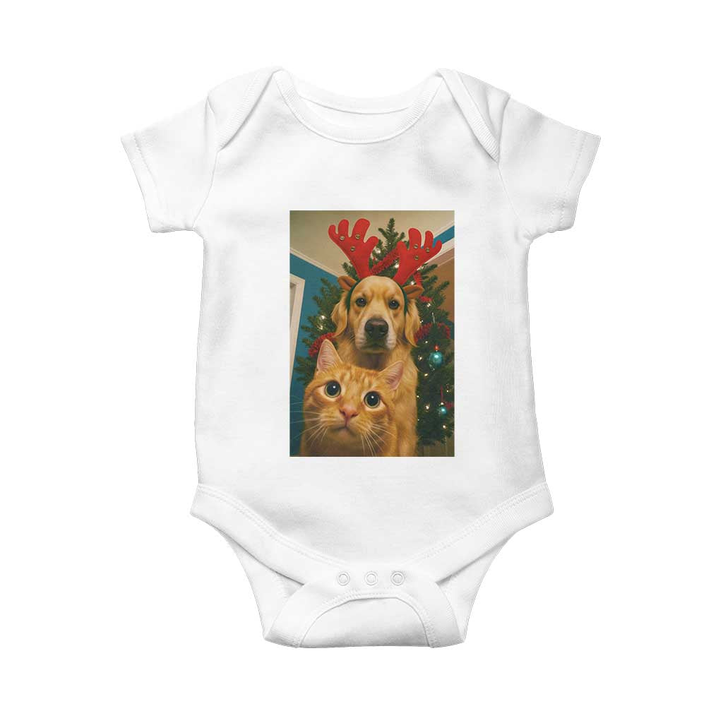 Funny Cat With Dog Selfie Christmas Baby Onesie Pet Lover Xmas Gift - Wonder Print Shop