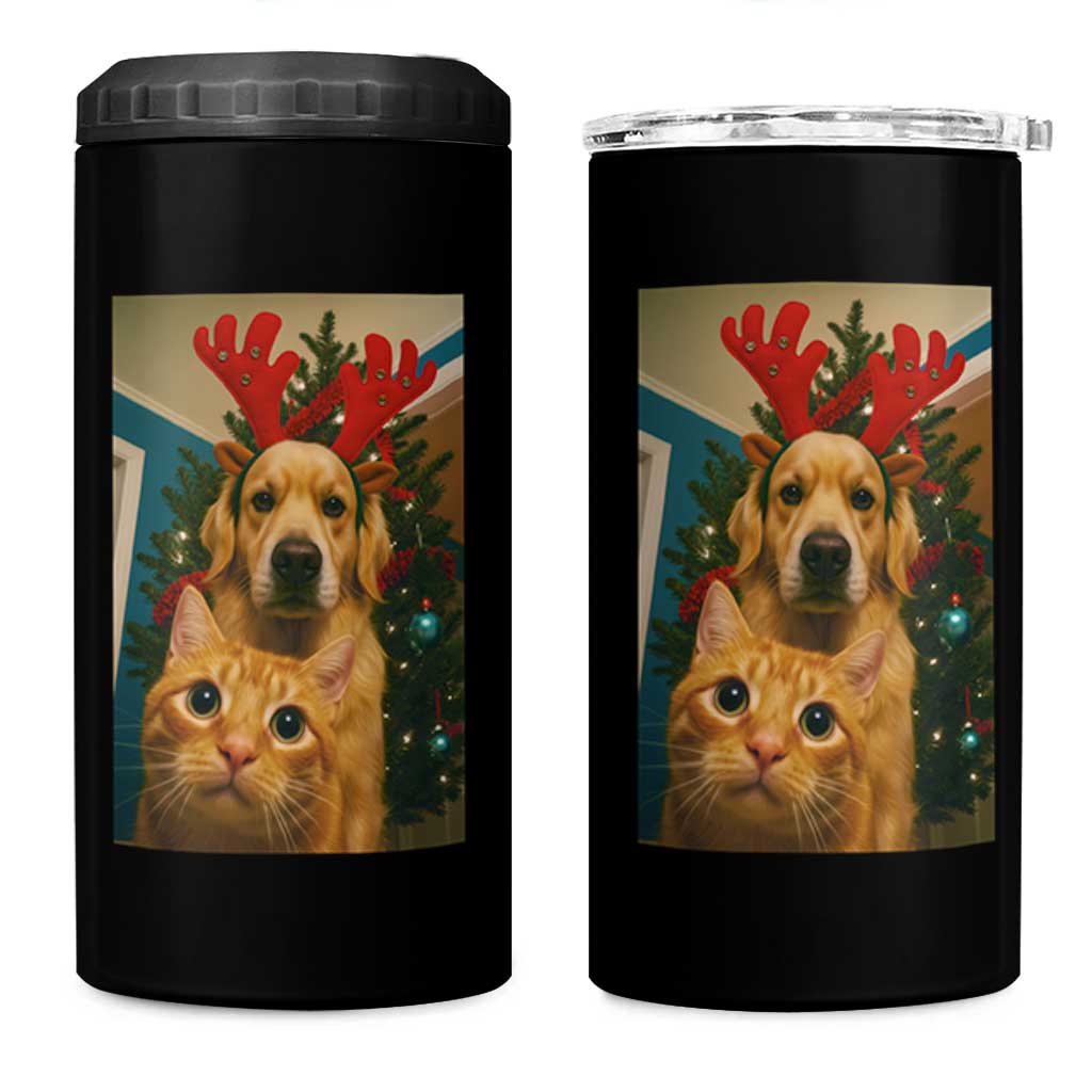 Funny Cat With Dog Selfie Christmas 4 in 1 Can Cooler Tumbler Pet Lover Xmas Gift - Wonder Print Shop