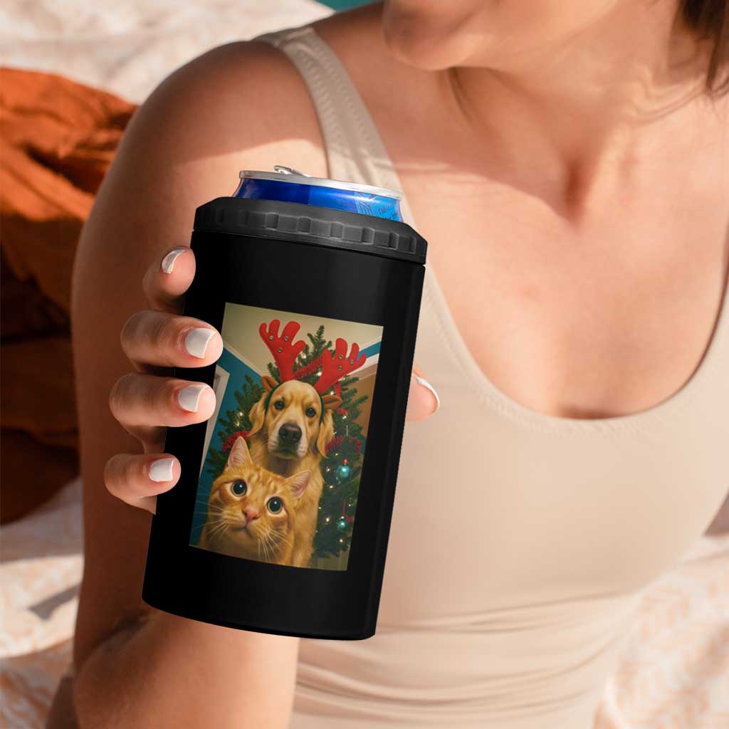 Funny Cat With Dog Selfie Christmas 4 in 1 Can Cooler Tumbler Pet Lover Xmas Gift - Wonder Print Shop