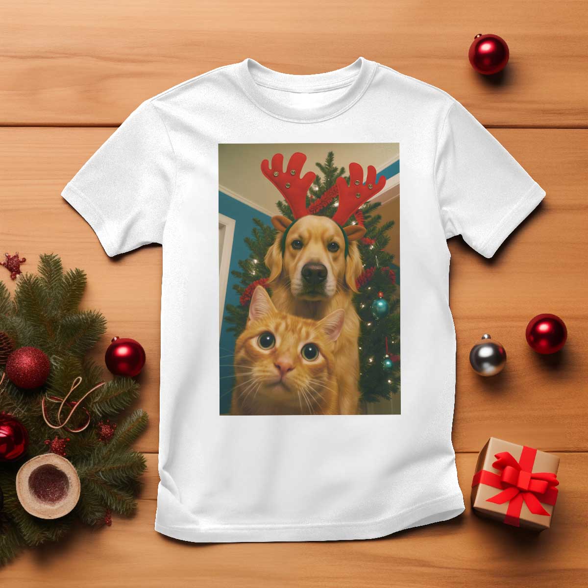 Funny Cat With Dog Selfie Christmas T Shirt Pet Lover Xmas Gift - Wonder Print Shop