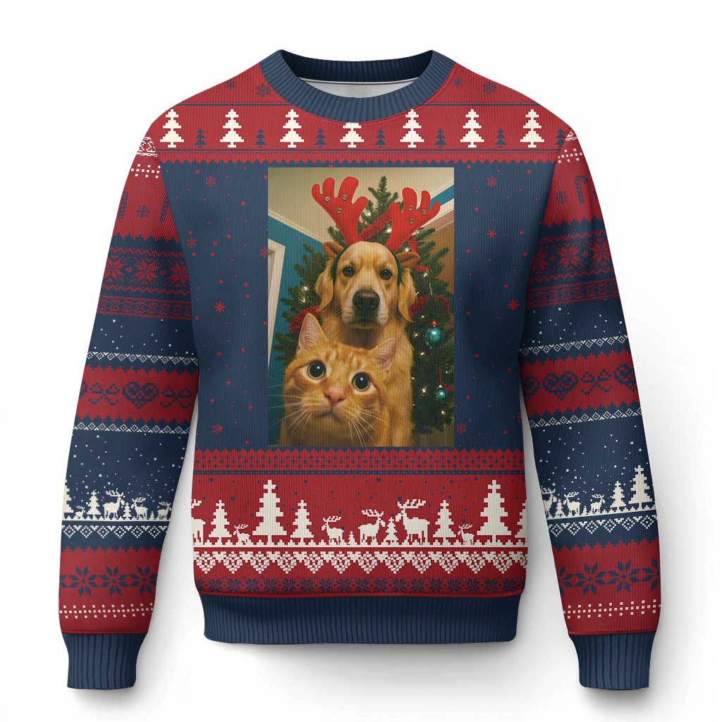 Funny Cat With Dog Selfie Xmas Ugly Christmas Sweater Pet Lover Xmas Gift - Wonder Print Shop