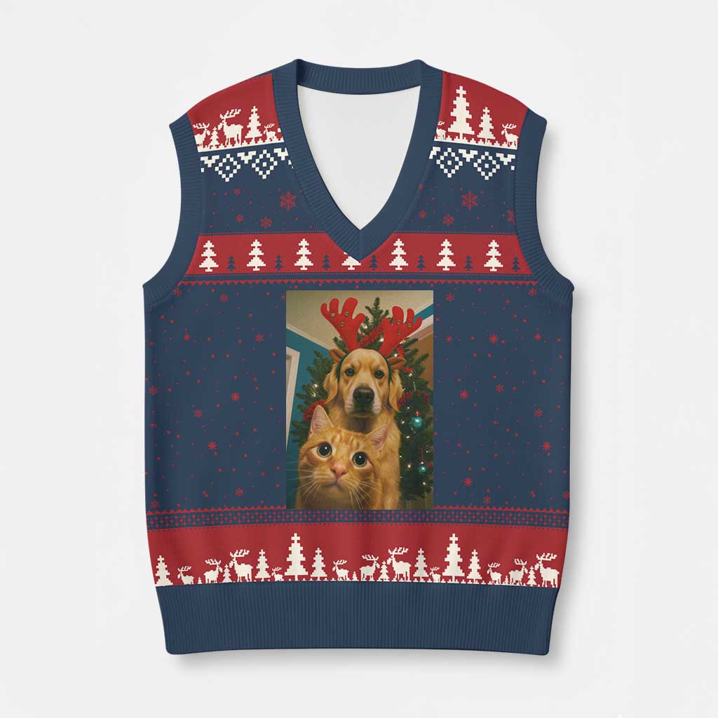 Funny Cat With Dog Selfie Xmas V-Neck Knit Sweater Vest Pet Lover Xmas Gift - Wonder Print Shop