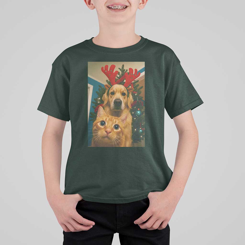Funny Cat With Dog Selfie Christmas T Shirt For Kid Pet Lover Xmas Gift - Wonder Print Shop