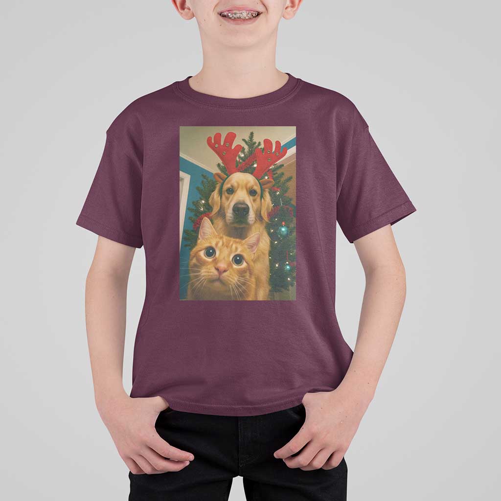 Funny Cat With Dog Selfie Christmas T Shirt For Kid Pet Lover Xmas Gift - Wonder Print Shop