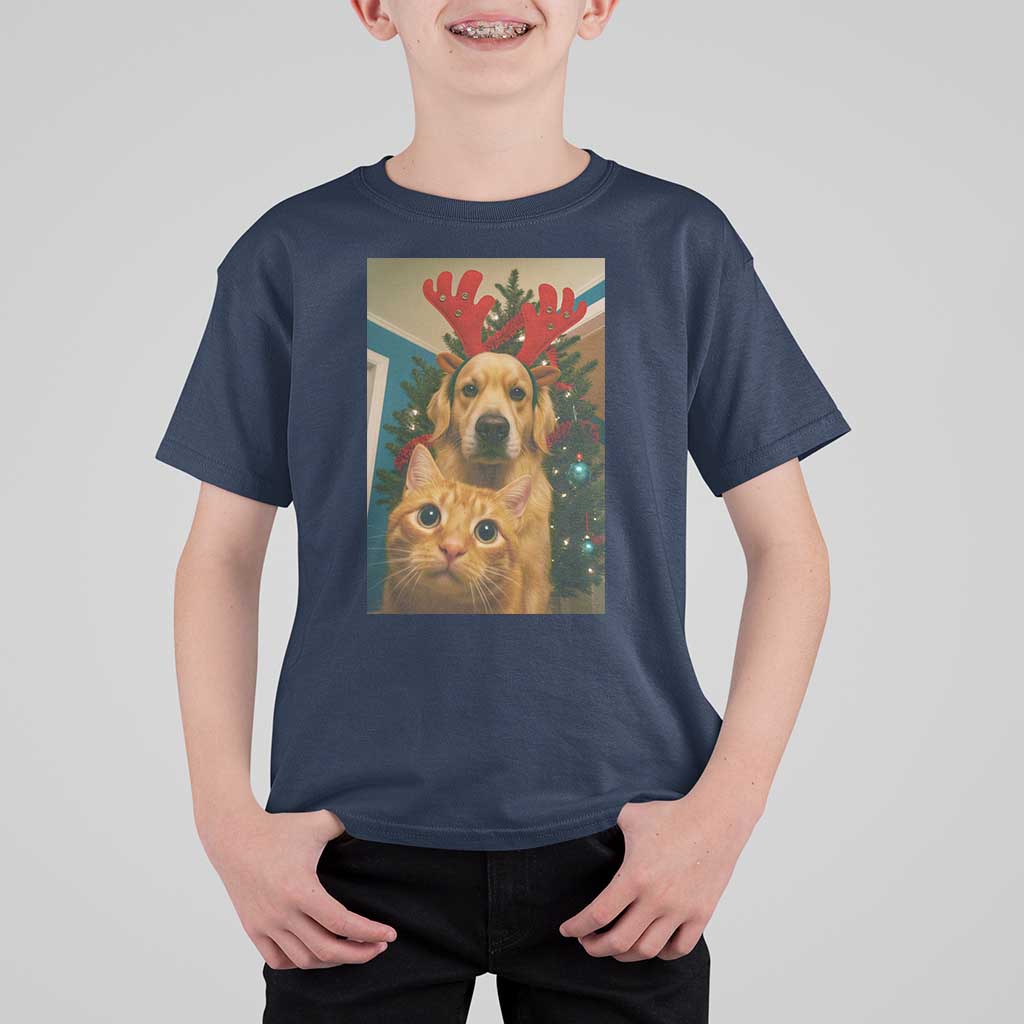 Funny Cat With Dog Selfie Christmas T Shirt For Kid Pet Lover Xmas Gift - Wonder Print Shop