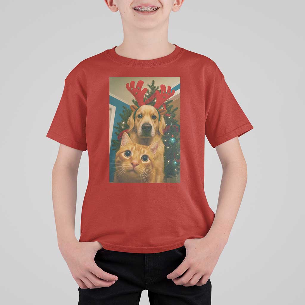 Funny Cat With Dog Selfie Christmas T Shirt For Kid Pet Lover Xmas Gift - Wonder Print Shop