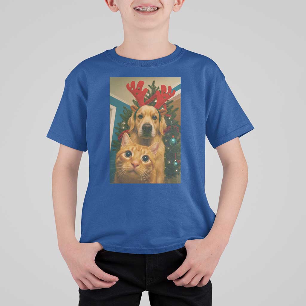 Funny Cat With Dog Selfie Christmas T Shirt For Kid Pet Lover Xmas Gift - Wonder Print Shop