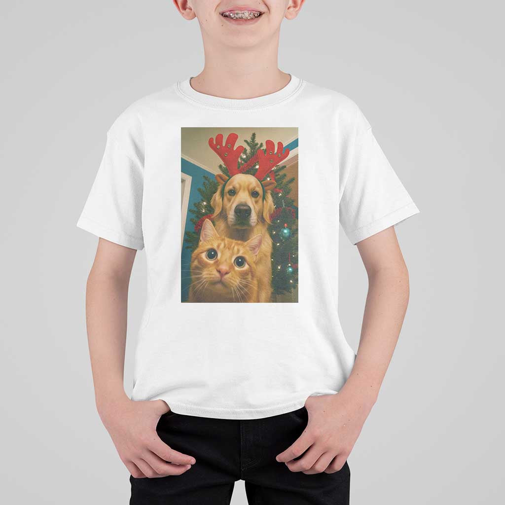 Funny Cat With Dog Selfie Christmas T Shirt For Kid Pet Lover Xmas Gift - Wonder Print Shop