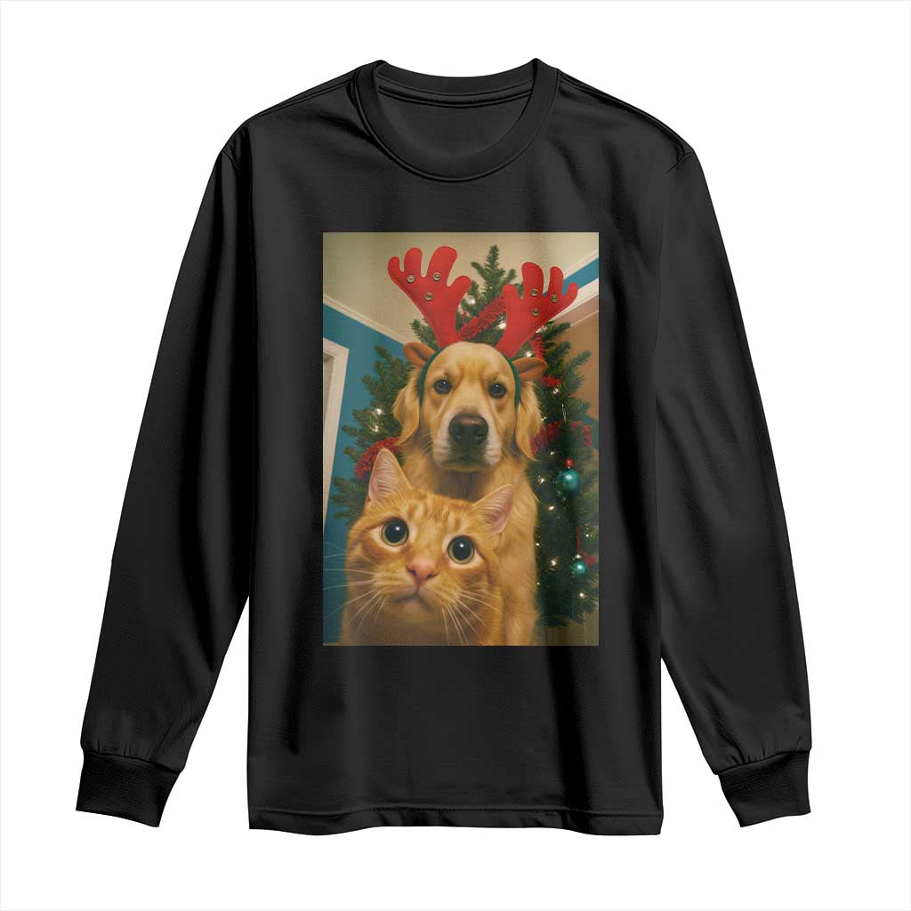 Funny Cat With Dog Selfie Christmas Long Sleeve Shirt Pet Lover Xmas Gift - Wonder Print Shop