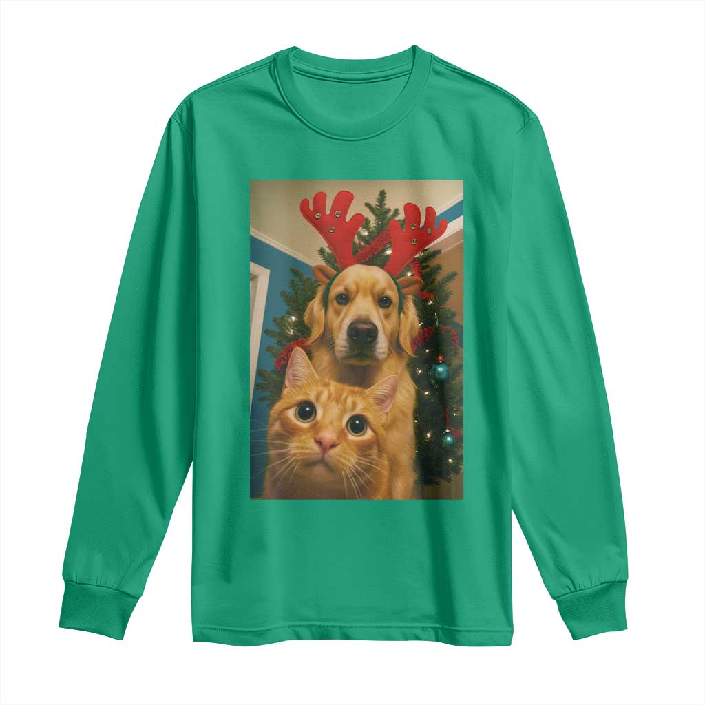 Funny Cat With Dog Selfie Christmas Long Sleeve Shirt Pet Lover Xmas Gift - Wonder Print Shop