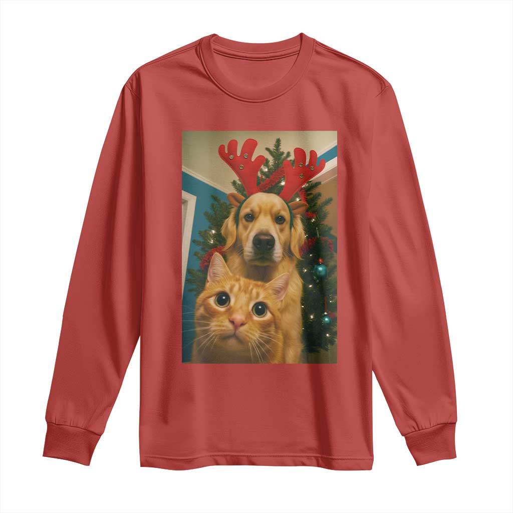 Funny Cat With Dog Selfie Christmas Long Sleeve Shirt Pet Lover Xmas Gift - Wonder Print Shop