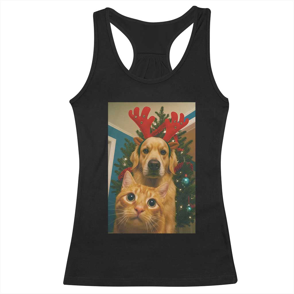 Funny Cat With Dog Selfie Christmas Racerback Tank Top Pet Lover Xmas Gift - Wonder Print Shop