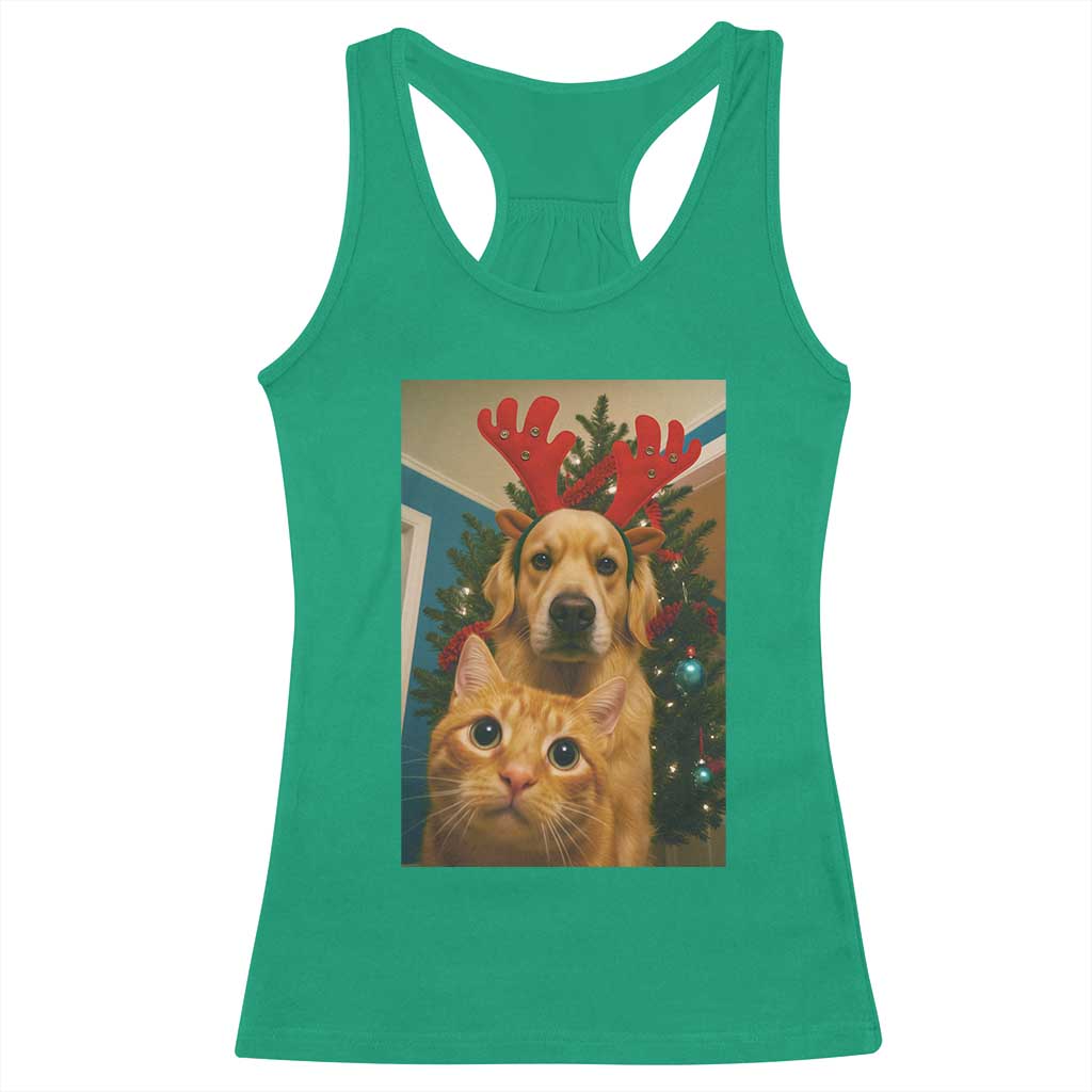 Funny Cat With Dog Selfie Christmas Racerback Tank Top Pet Lover Xmas Gift - Wonder Print Shop
