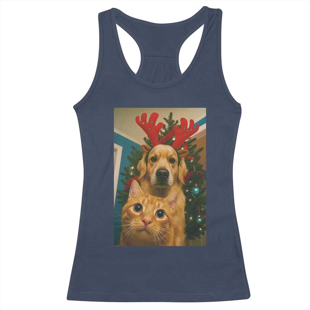 Funny Cat With Dog Selfie Christmas Racerback Tank Top Pet Lover Xmas Gift - Wonder Print Shop