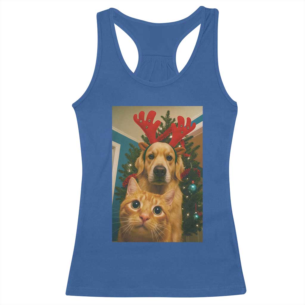 Funny Cat With Dog Selfie Christmas Racerback Tank Top Pet Lover Xmas Gift - Wonder Print Shop