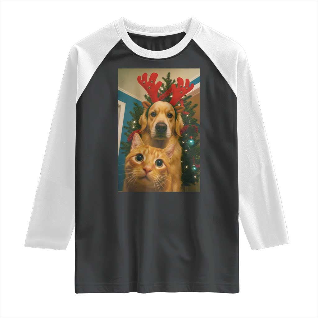 Funny Cat With Dog Selfie Christmas Raglan Shirt Pet Lover Xmas Gift - Wonder Print Shop