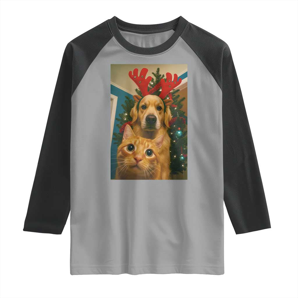 Funny Cat With Dog Selfie Christmas Raglan Shirt Pet Lover Xmas Gift - Wonder Print Shop