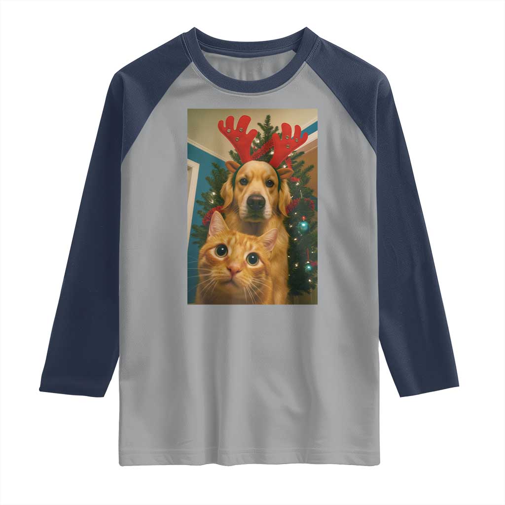 Funny Cat With Dog Selfie Christmas Raglan Shirt Pet Lover Xmas Gift - Wonder Print Shop