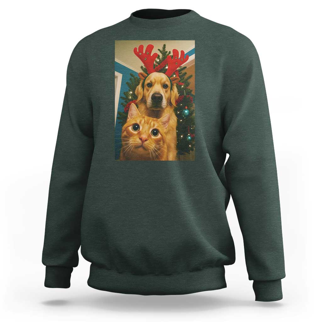 Funny Cat With Dog Selfie Christmas Sweatshirt Pet Lover Xmas Gift - Wonder Print Shop