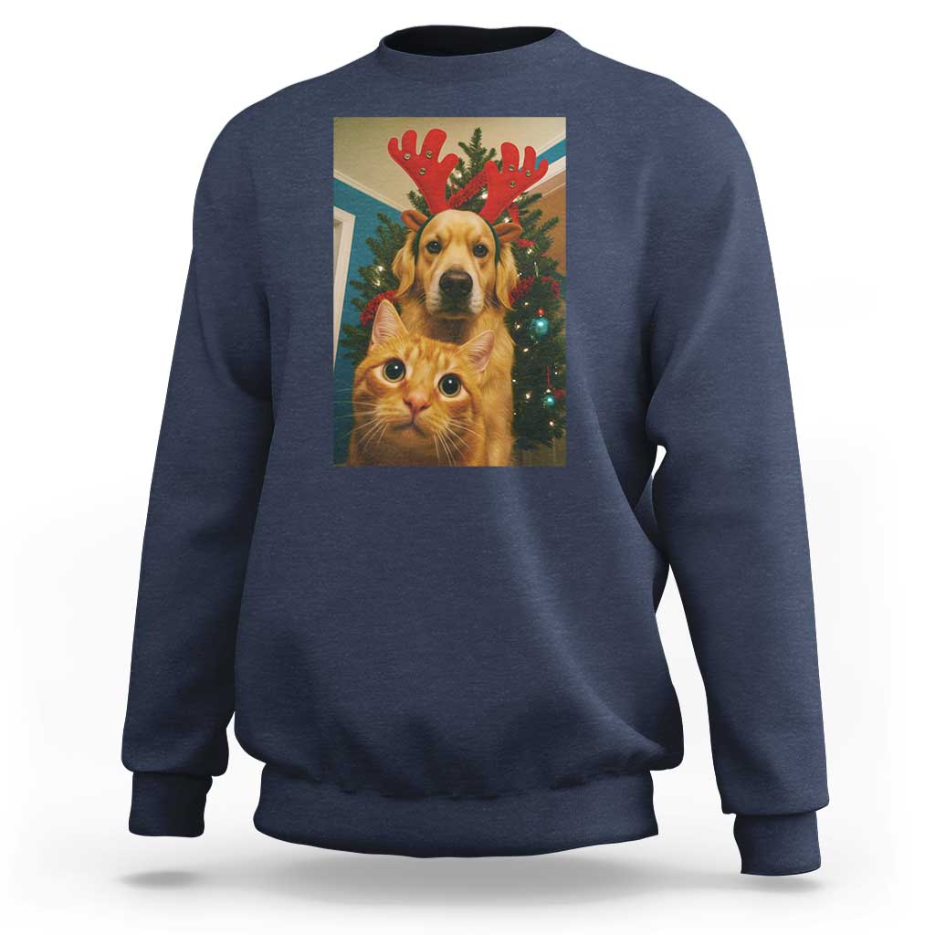Funny Cat With Dog Selfie Christmas Sweatshirt Pet Lover Xmas Gift - Wonder Print Shop