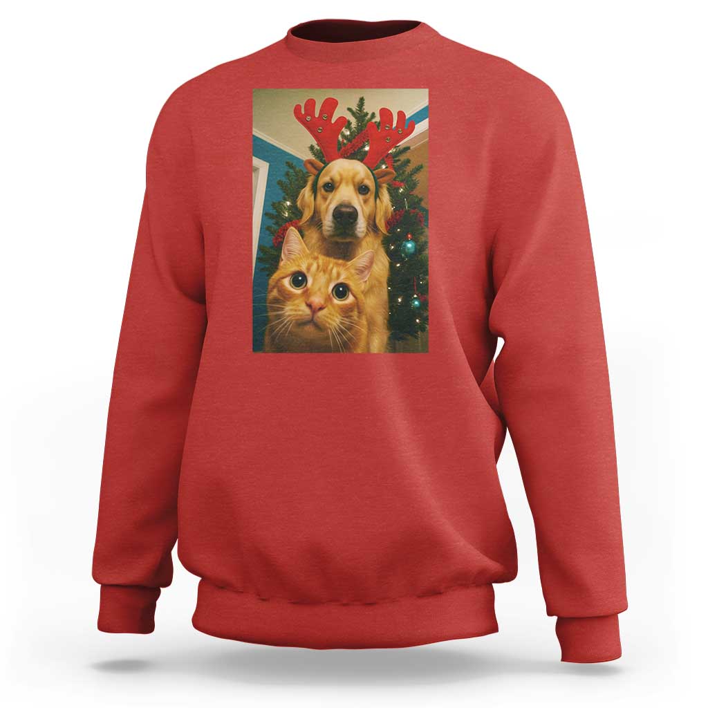 Funny Cat With Dog Selfie Christmas Sweatshirt Pet Lover Xmas Gift - Wonder Print Shop