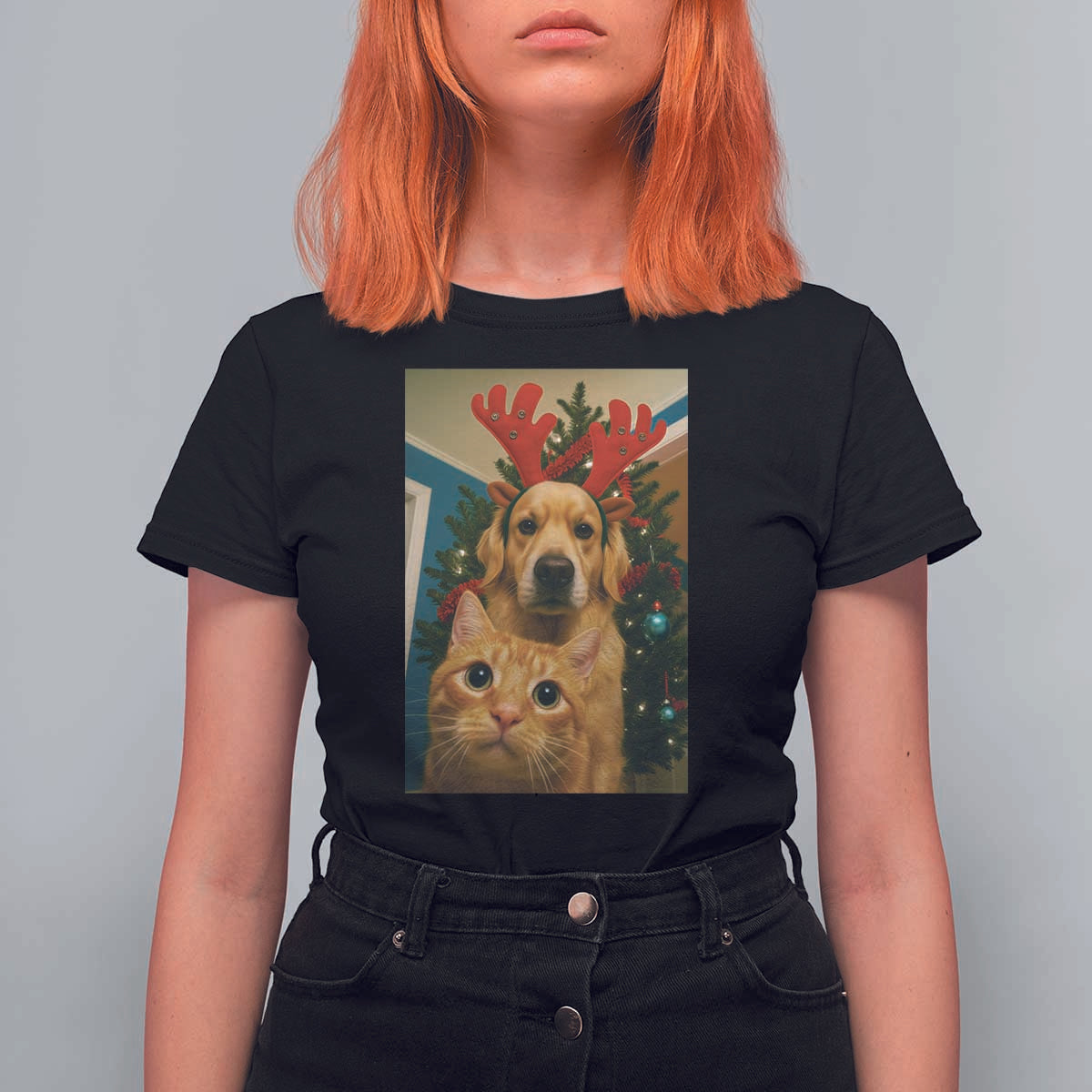 Funny Cat With Dog Selfie Christmas T Shirt For Women Pet Lover Xmas Gift - Wonder Print Shop