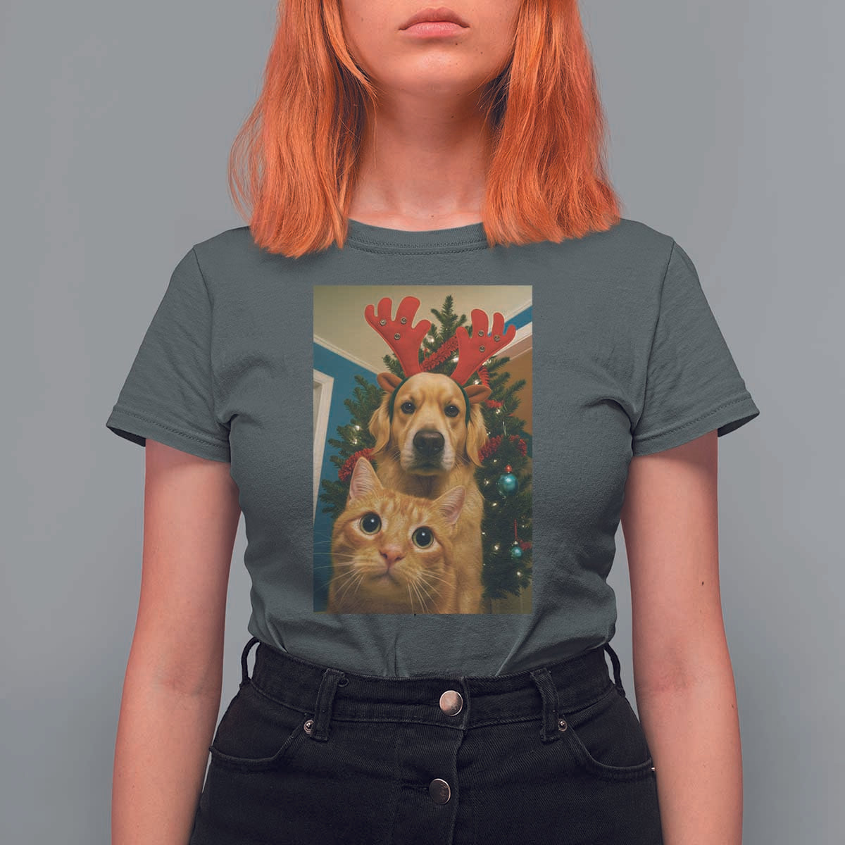 Funny Cat With Dog Selfie Christmas T Shirt For Women Pet Lover Xmas Gift - Wonder Print Shop