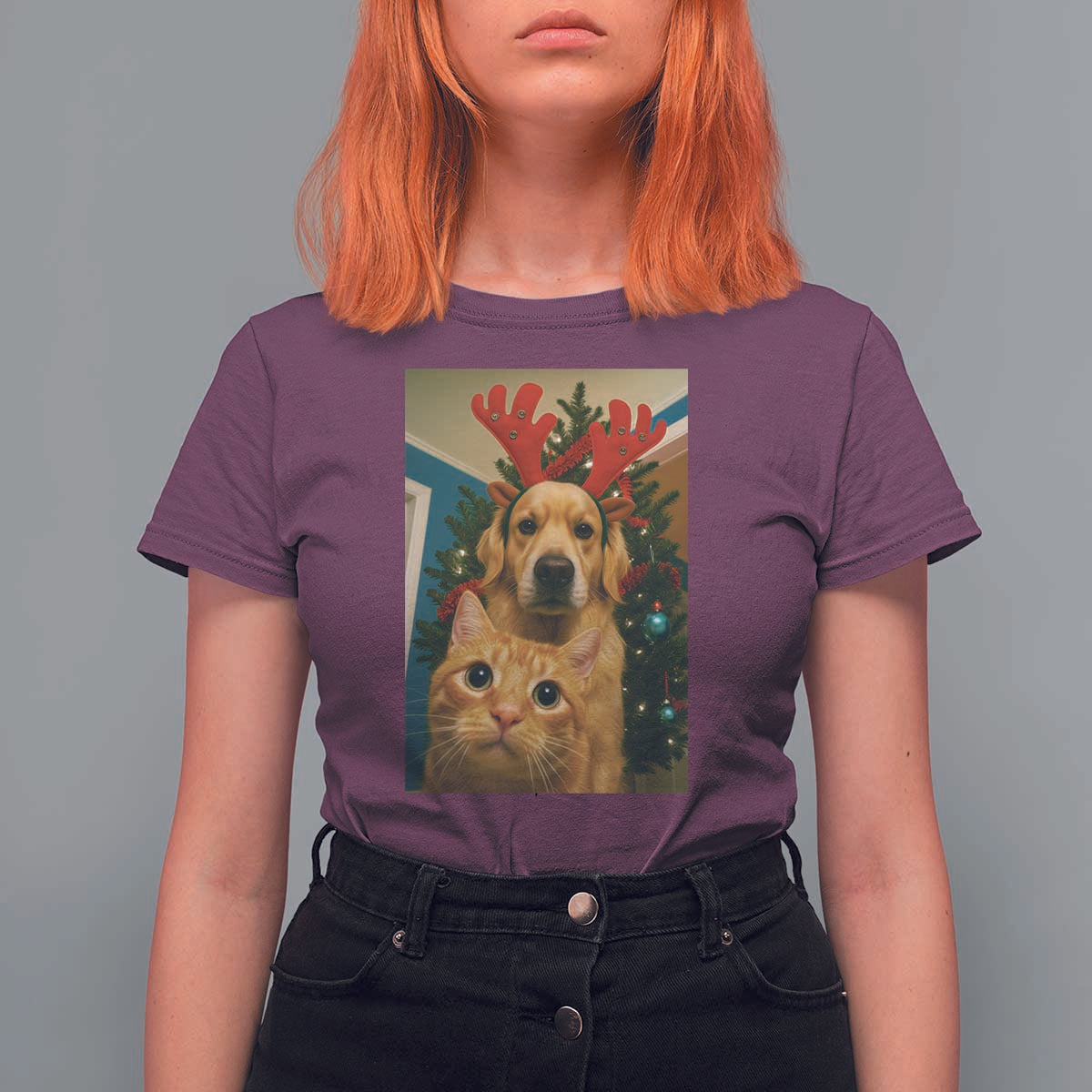 Funny Cat With Dog Selfie Christmas T Shirt For Women Pet Lover Xmas Gift - Wonder Print Shop
