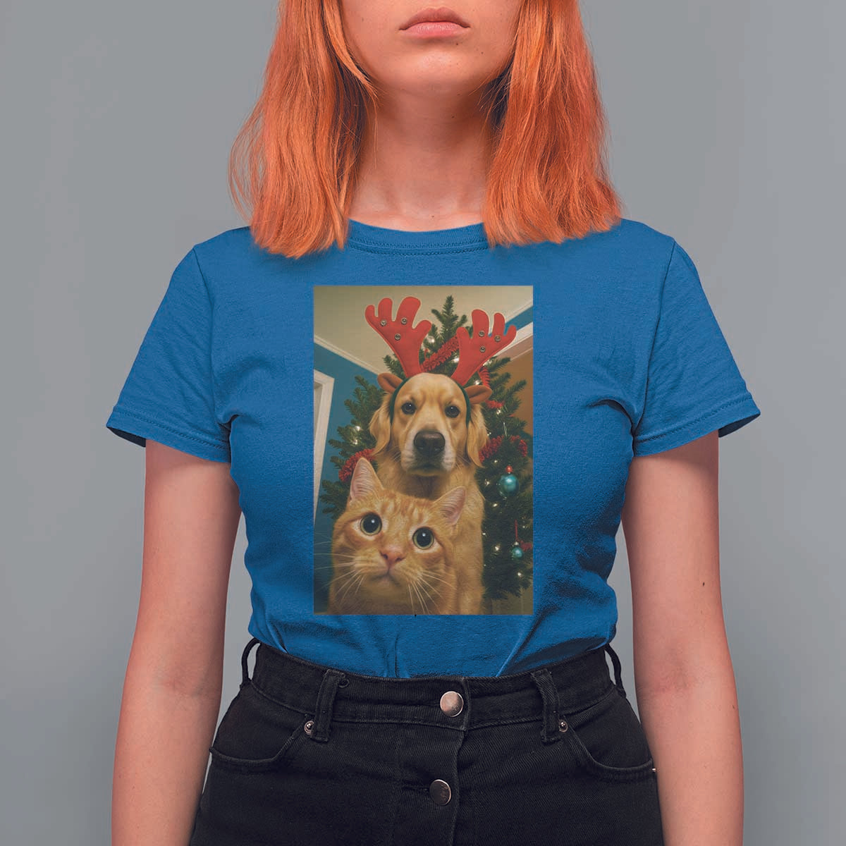 Funny Cat With Dog Selfie Christmas T Shirt For Women Pet Lover Xmas Gift - Wonder Print Shop