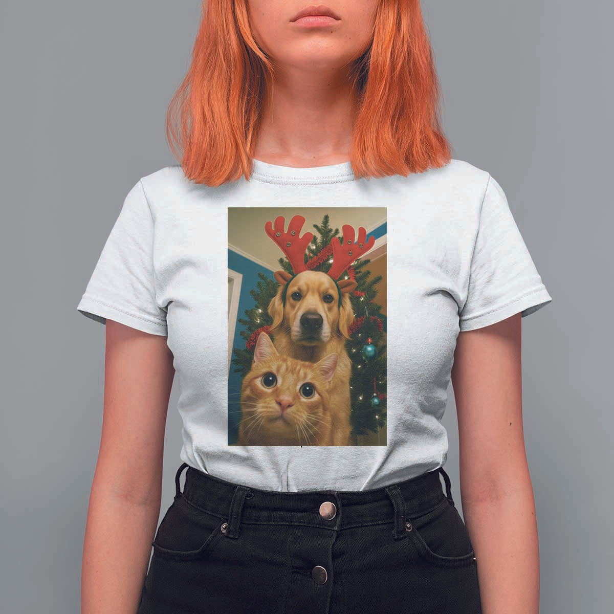 Funny Cat With Dog Selfie Christmas T Shirt For Women Pet Lover Xmas Gift - Wonder Print Shop