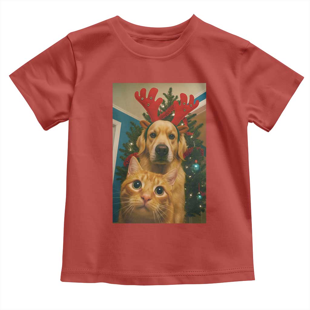 Funny Cat With Dog Selfie Christmas Toddler T Shirt Pet Lover Xmas Gift - Wonder Print Shop