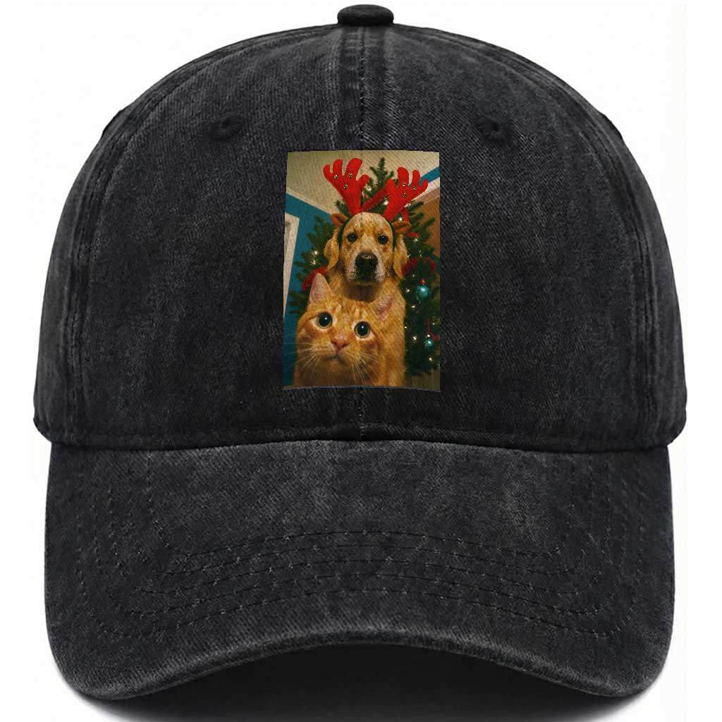 Funny Cat With Dog Selfie Christmas Washed Cotton Baseball Cap Pet Lover Xmas Gift