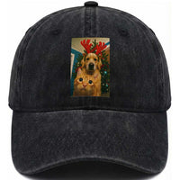 Funny Cat With Dog Selfie Christmas Washed Cotton Baseball Cap Pet Lover Xmas Gift