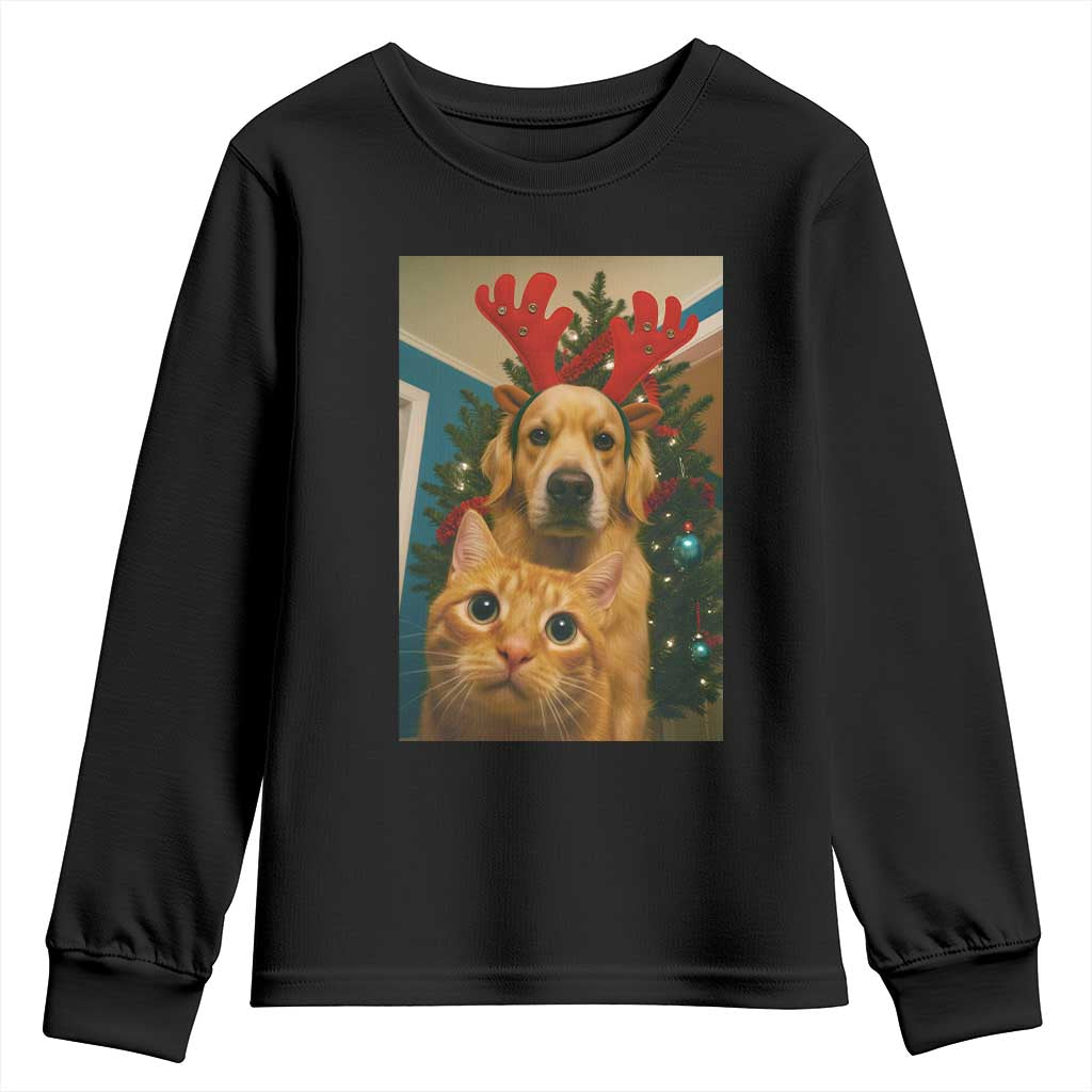 Funny Cat With Dog Selfie Christmas Youth Sweatshirt Pet Lover Xmas Gift - Wonder Print Shop