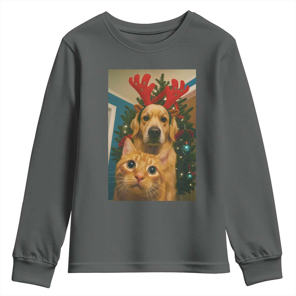 Funny Cat With Dog Selfie Christmas Youth Sweatshirt Pet Lover Xmas Gift - Wonder Print Shop