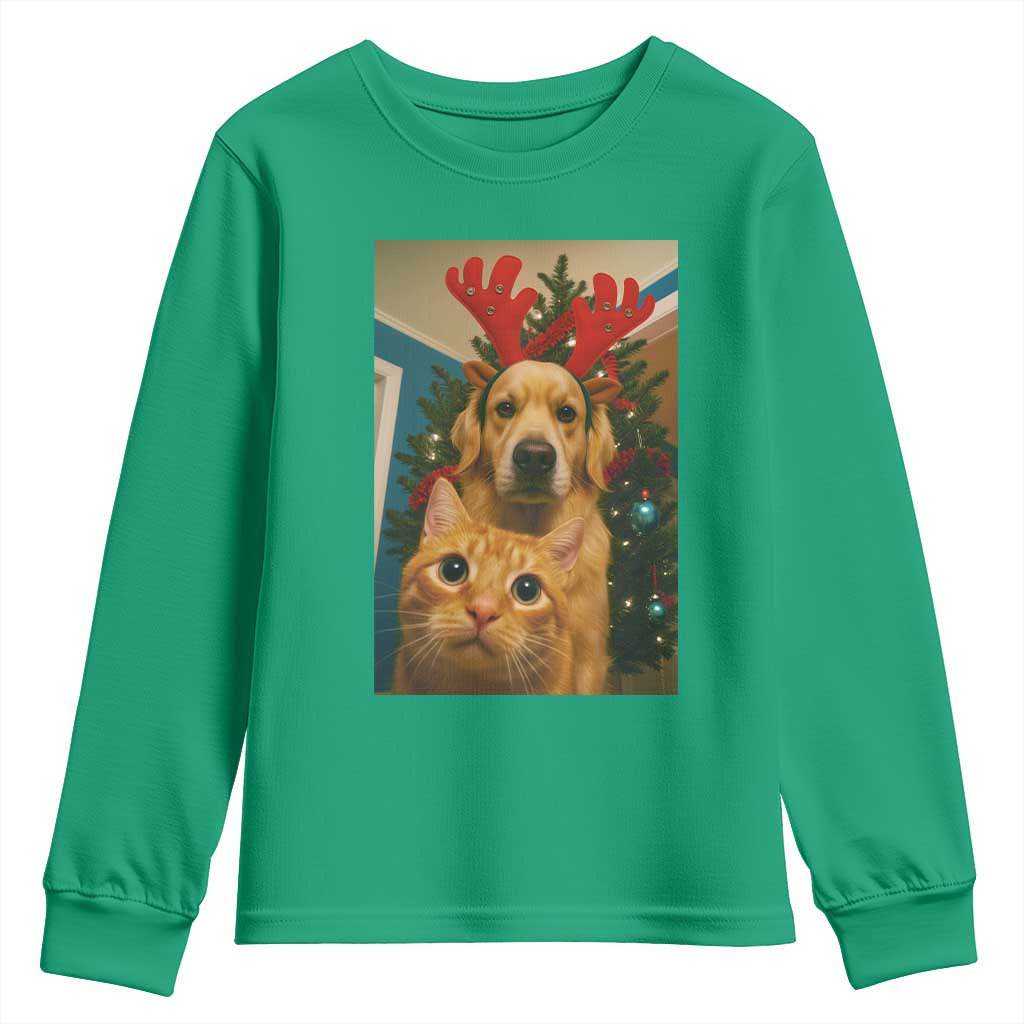 Funny Cat With Dog Selfie Christmas Youth Sweatshirt Pet Lover Xmas Gift - Wonder Print Shop