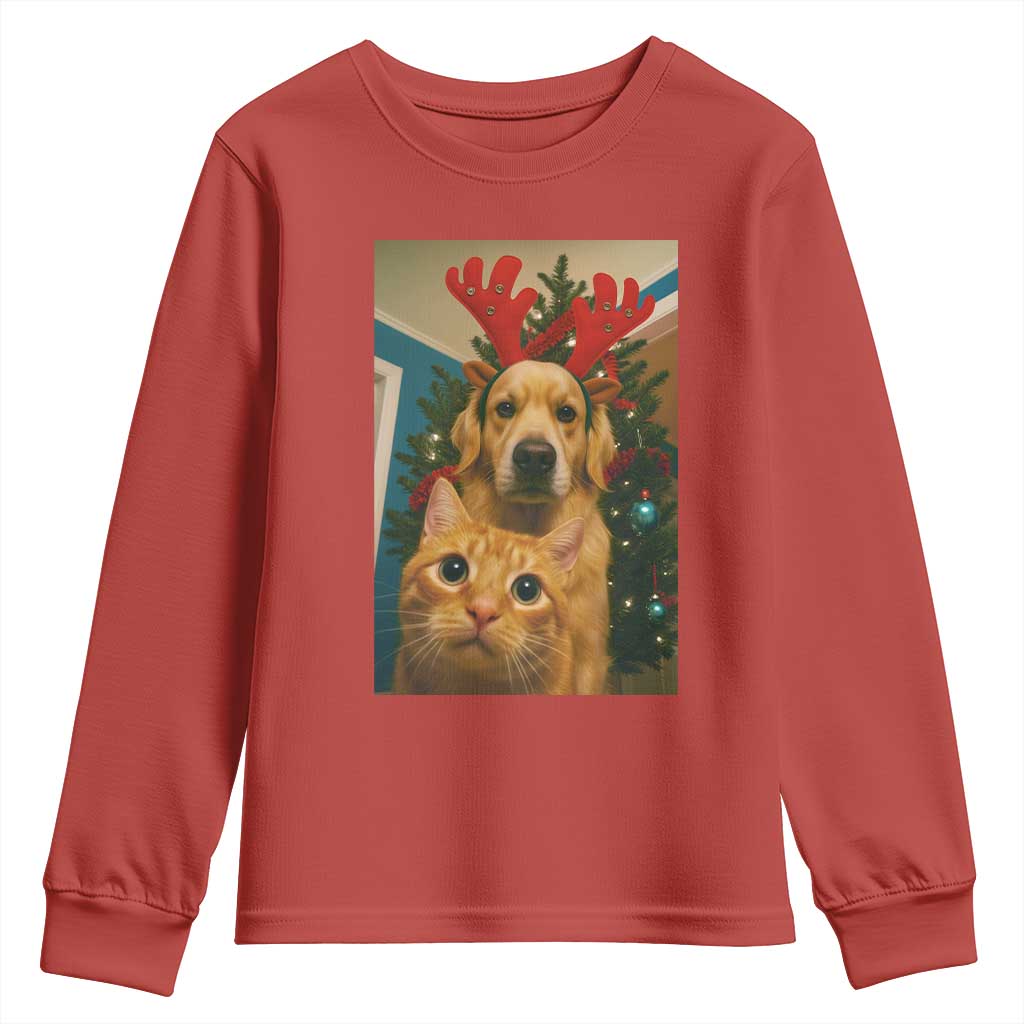 Funny Cat With Dog Selfie Christmas Youth Sweatshirt Pet Lover Xmas Gift - Wonder Print Shop