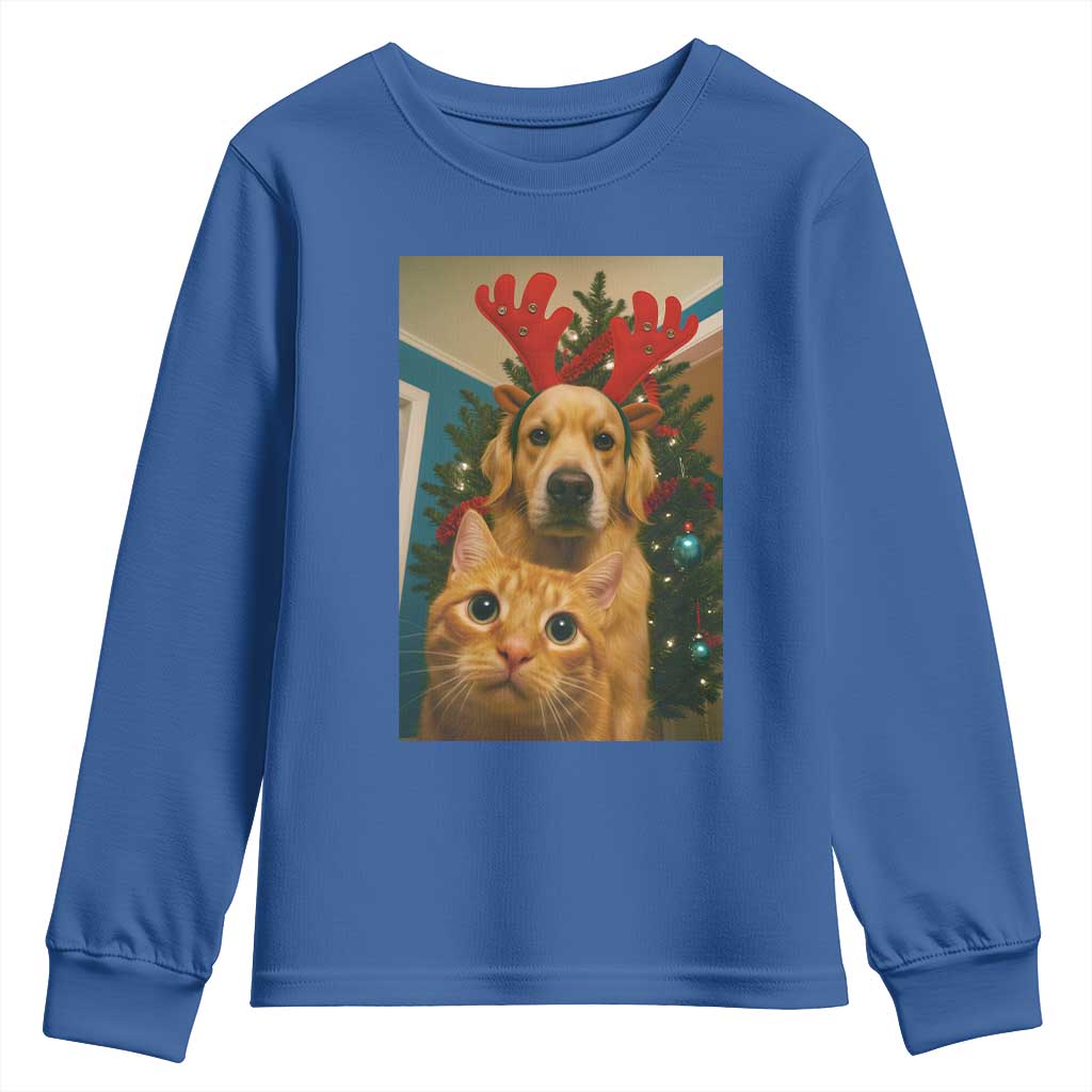 Funny Cat With Dog Selfie Christmas Youth Sweatshirt Pet Lover Xmas Gift - Wonder Print Shop