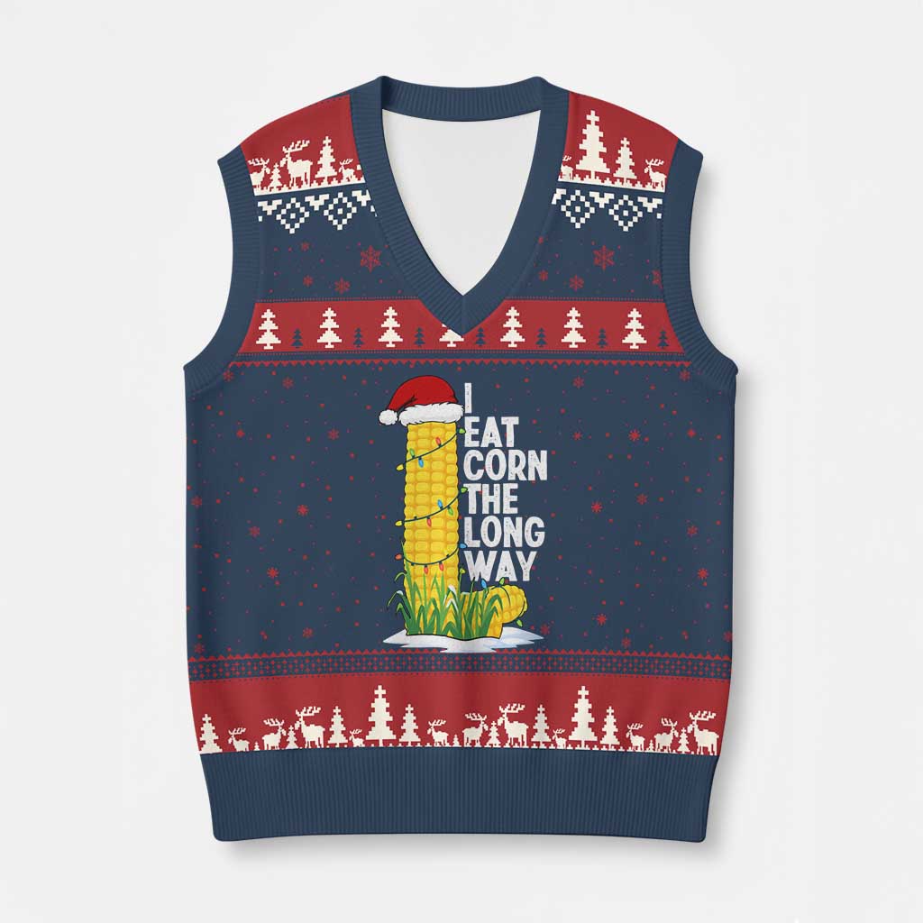 I Eat Corn The Long Way V-Neck Knit Sweater Vest Funny Corn Adult Humor Christmas - Wonder Print Shop