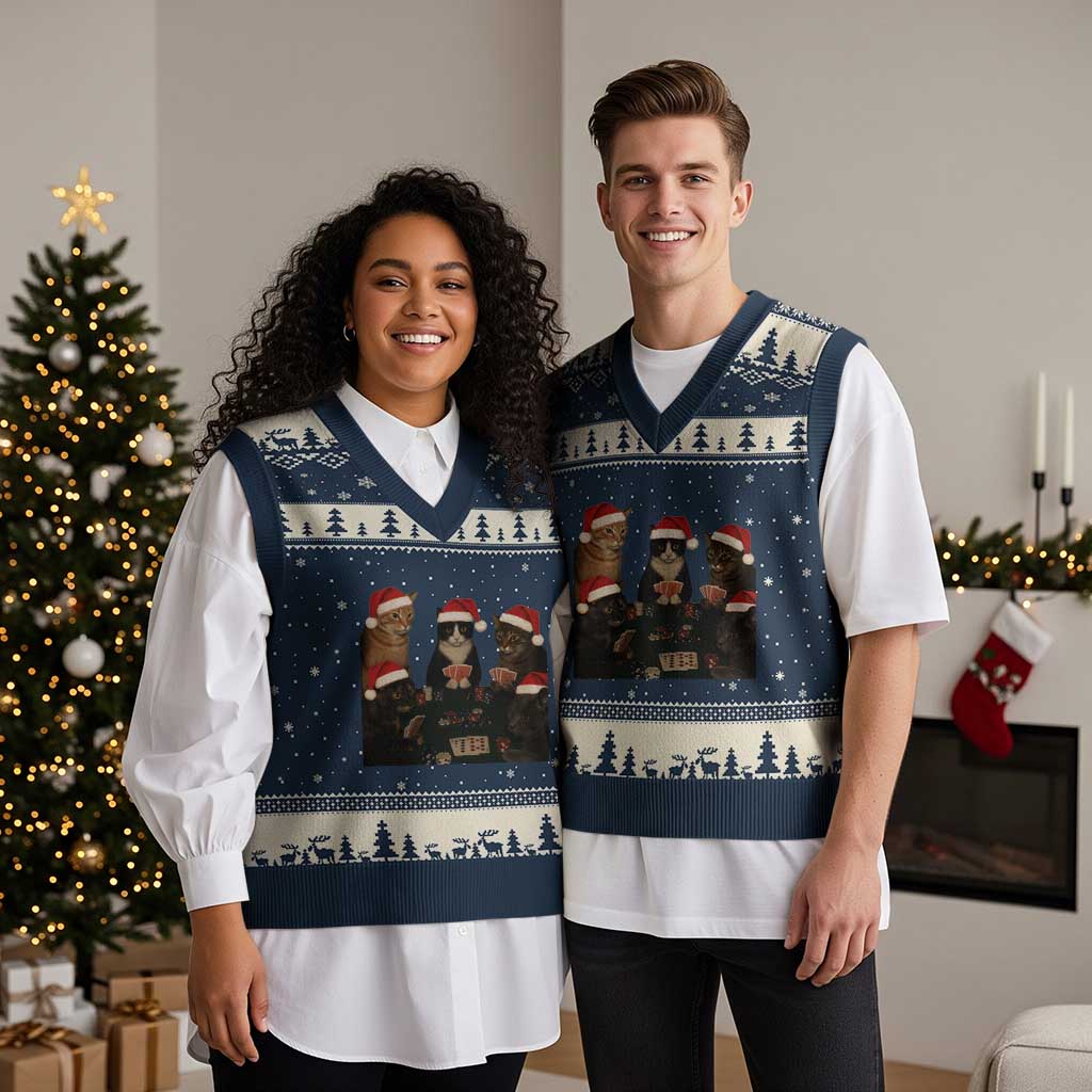 Poker Cats Christmas Meme Shirt V-Neck Knit Sweater Vest Funny Gambling Cat - Wonder Print Shop