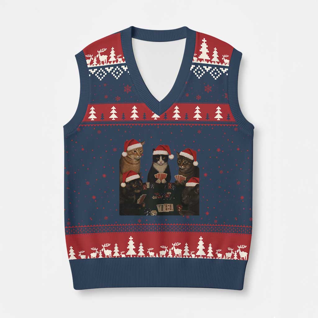 Poker Cats Christmas Meme Shirt V-Neck Knit Sweater Vest Funny Gambling Cat - Wonder Print Shop