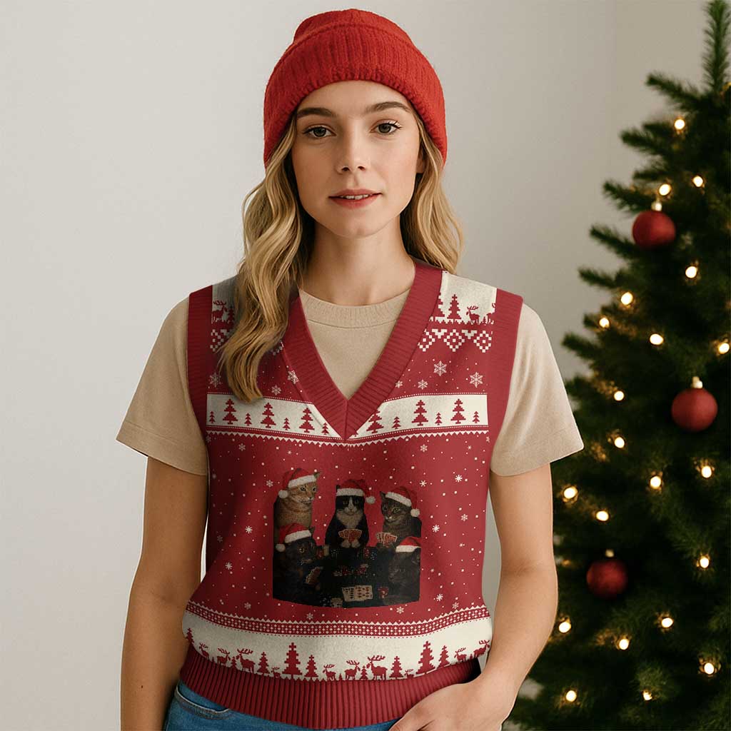 Poker Cats Christmas Meme Shirt V-Neck Knit Sweater Vest Funny Gambling Cat - Wonder Print Shop
