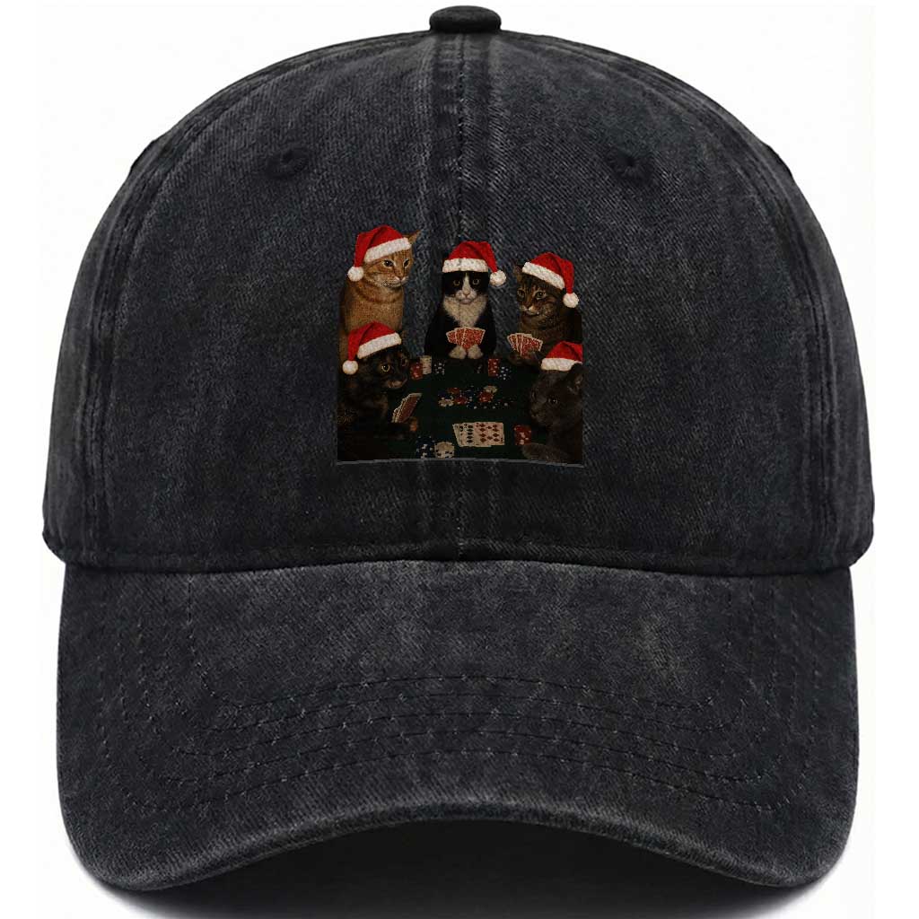 Poker Cats Christmas Meme Shirt Washed Cotton Baseball Cap Funny Gambling Cat