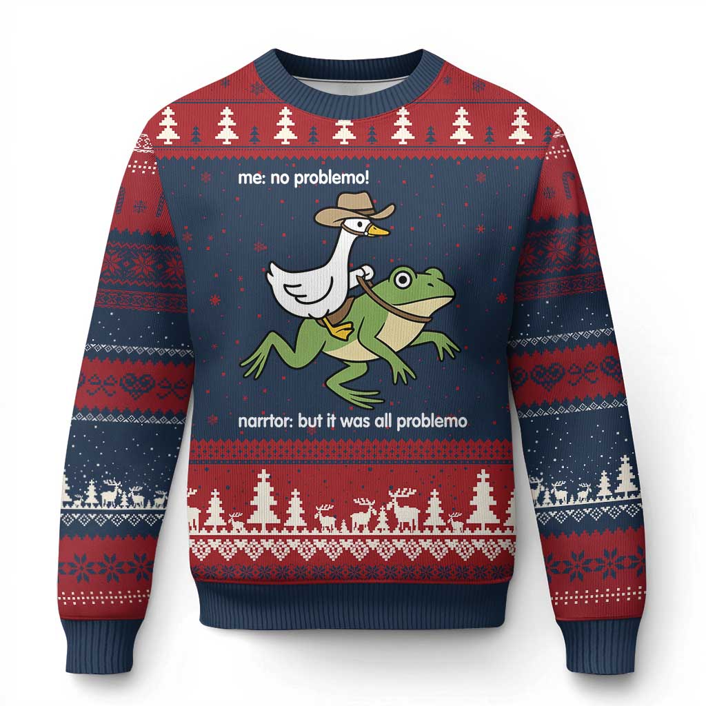 Cowboy Goose Meme Ugly Christmas Sweater Funny Frog Me No Problemo Narrator - Wonder Print Shop