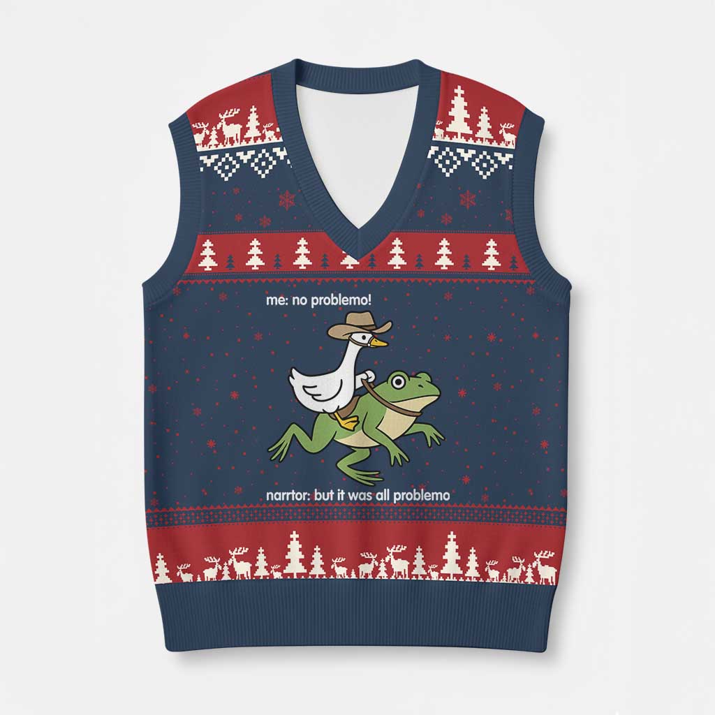 Cowboy Goose Meme V-Neck Knit Sweater Vest Funny Frog Me No Problemo Narrator - Wonder Print Shop